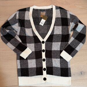 Buffalo Plaid V-Neck Button Cardigan Sweater - Black & Cream
